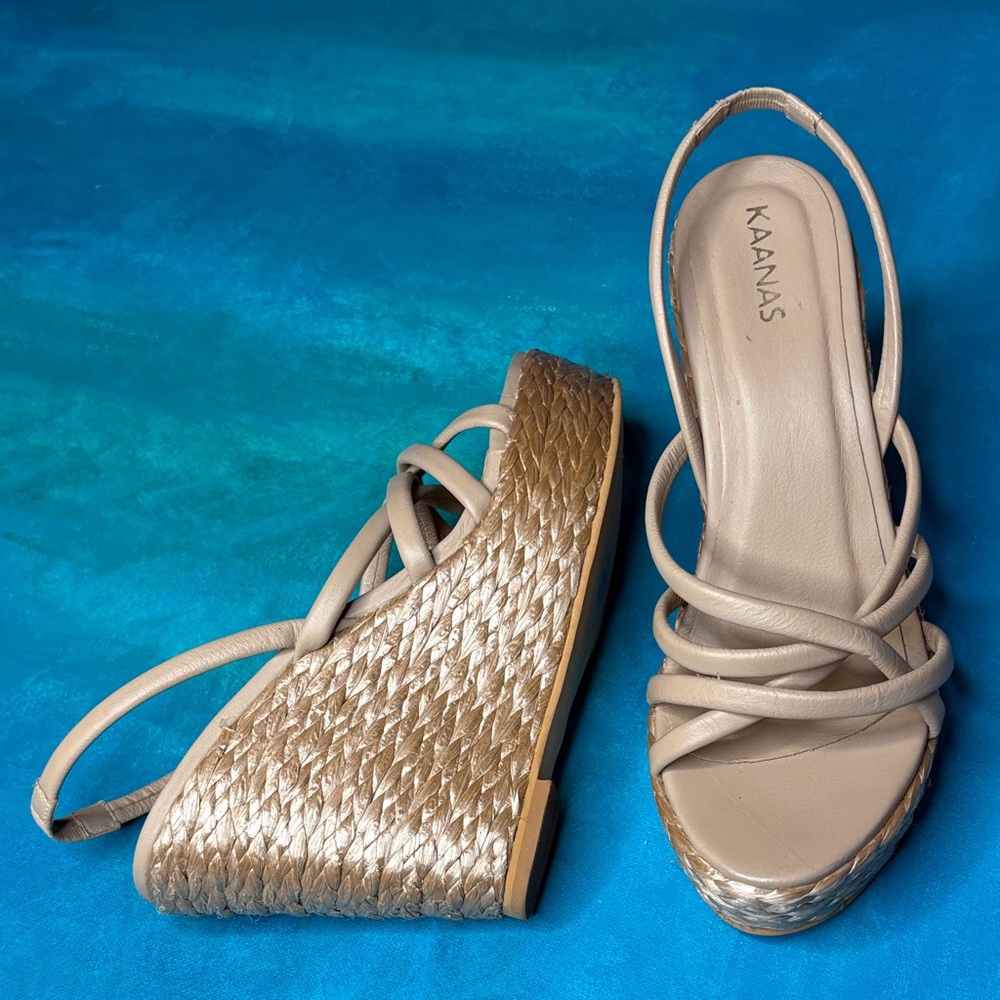 Kaanas Margaritas Tan Raffia Platform Slingback Wedge Sandals Sand Leather 9